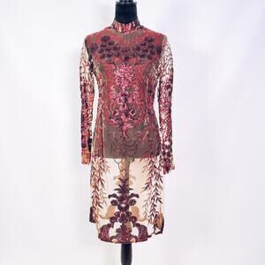 One Monarchy Long Sleeve Embroidered Sequin Sheer Midi Dress Size Small